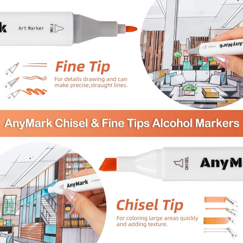 Anymark Alcohol Markers, 60 Colors Dual Tip Art Coloring Markers Set for Kids Adult Book Drawing Sketching Painting, Chisel & Fine, White Penholder - Image 3